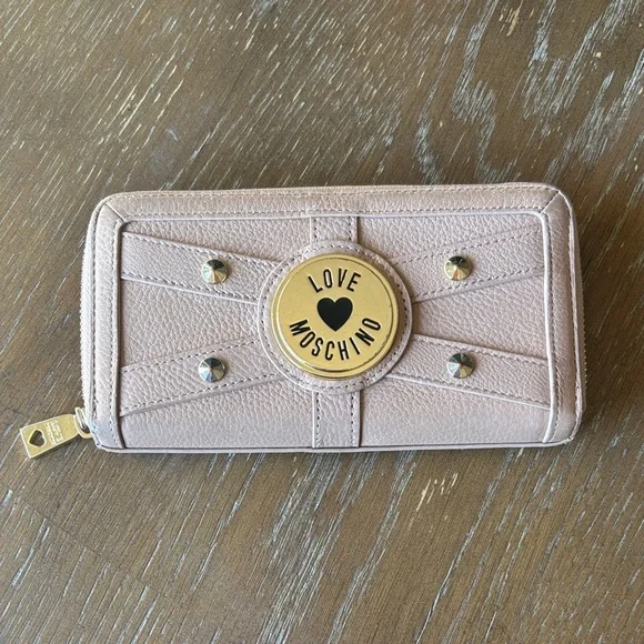 LOVE MOSCHINO Genuine Leather beige studded zip-around gold-tone Wallet - Picture 1 of 15